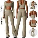 Custom OEM Women Workout Set 2025: Long Sleeve Top, Sports Bra & High Waist Leggings