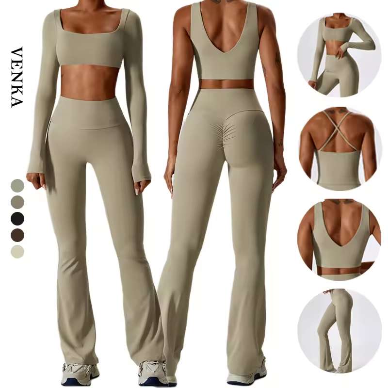 Custom OEM Women Workout Set 2025: Long Sleeve Top, Sports Bra & High Waist Leggings