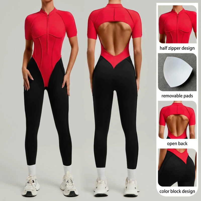 custom womens color block short sleeve yoga jumpsuit
