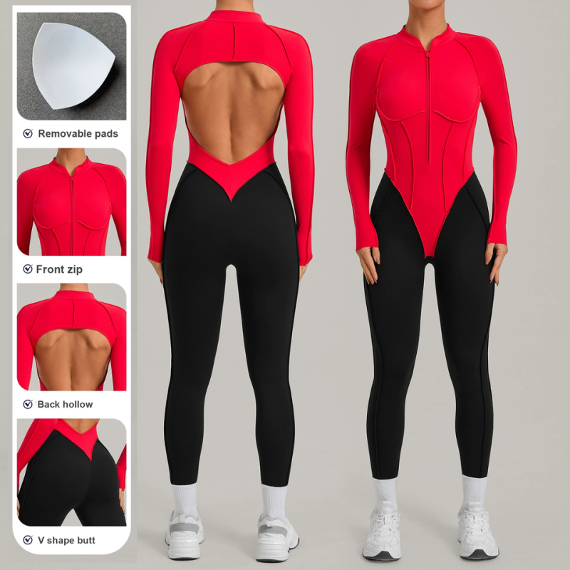 custom womens contrast panel long sleeve yoga jumpsuit