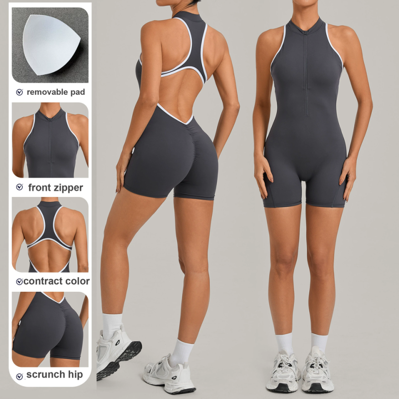 custom womens contrast trim open back workout romper