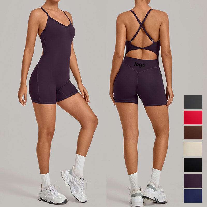 custom womens cross back yoga romper with side overlay