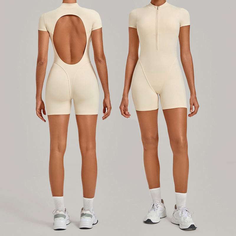 custom womens half zip open back workout romper