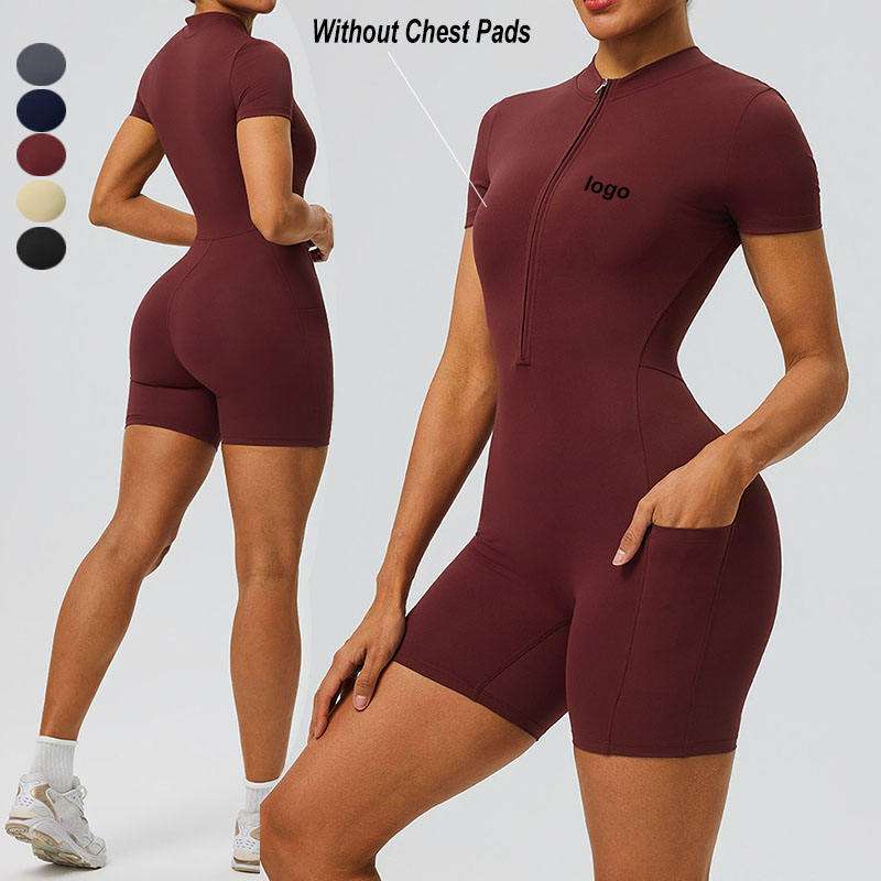 custom womens half zip short sleeve gym romper