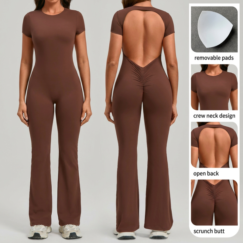 custom womens long sleeve open back flare yoga jumpsuit