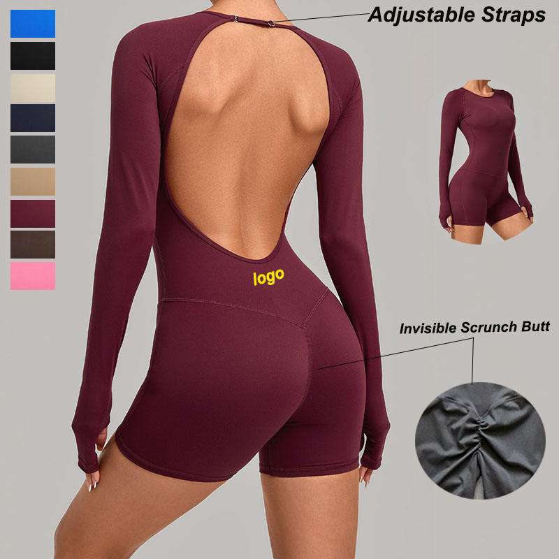 custom womens long sleeve open back yoga romper