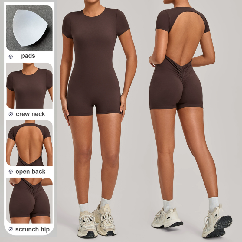 custom womens short sleeve open back yoga romper 2