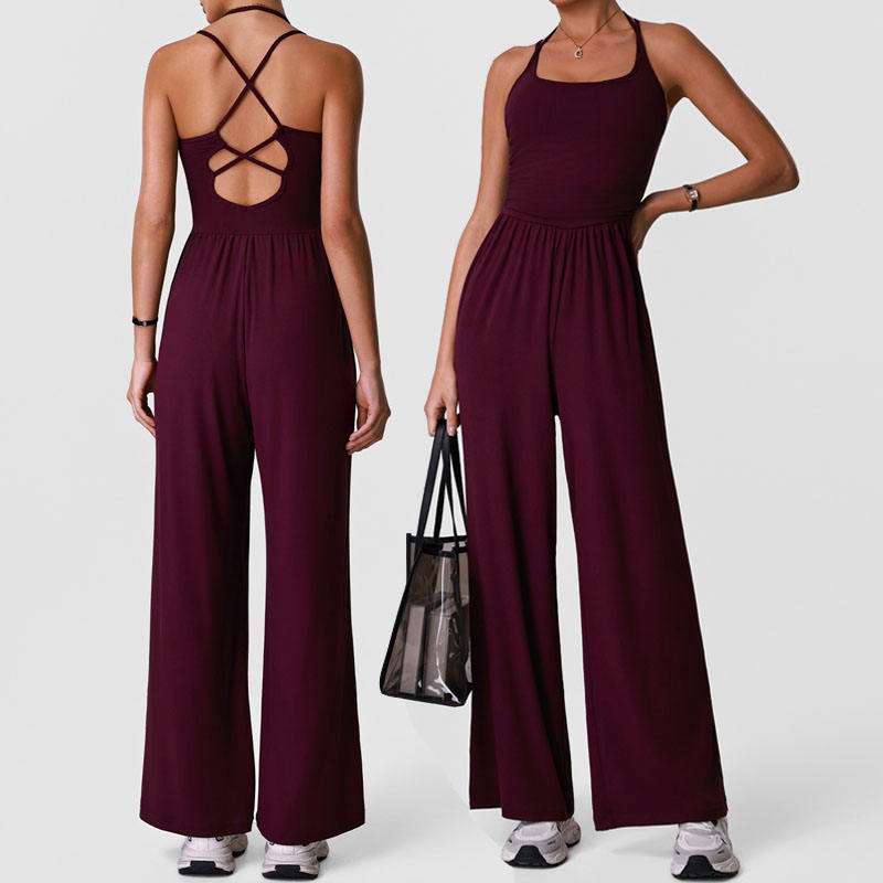 custom womens strappy open back flare yoga jumpsuit