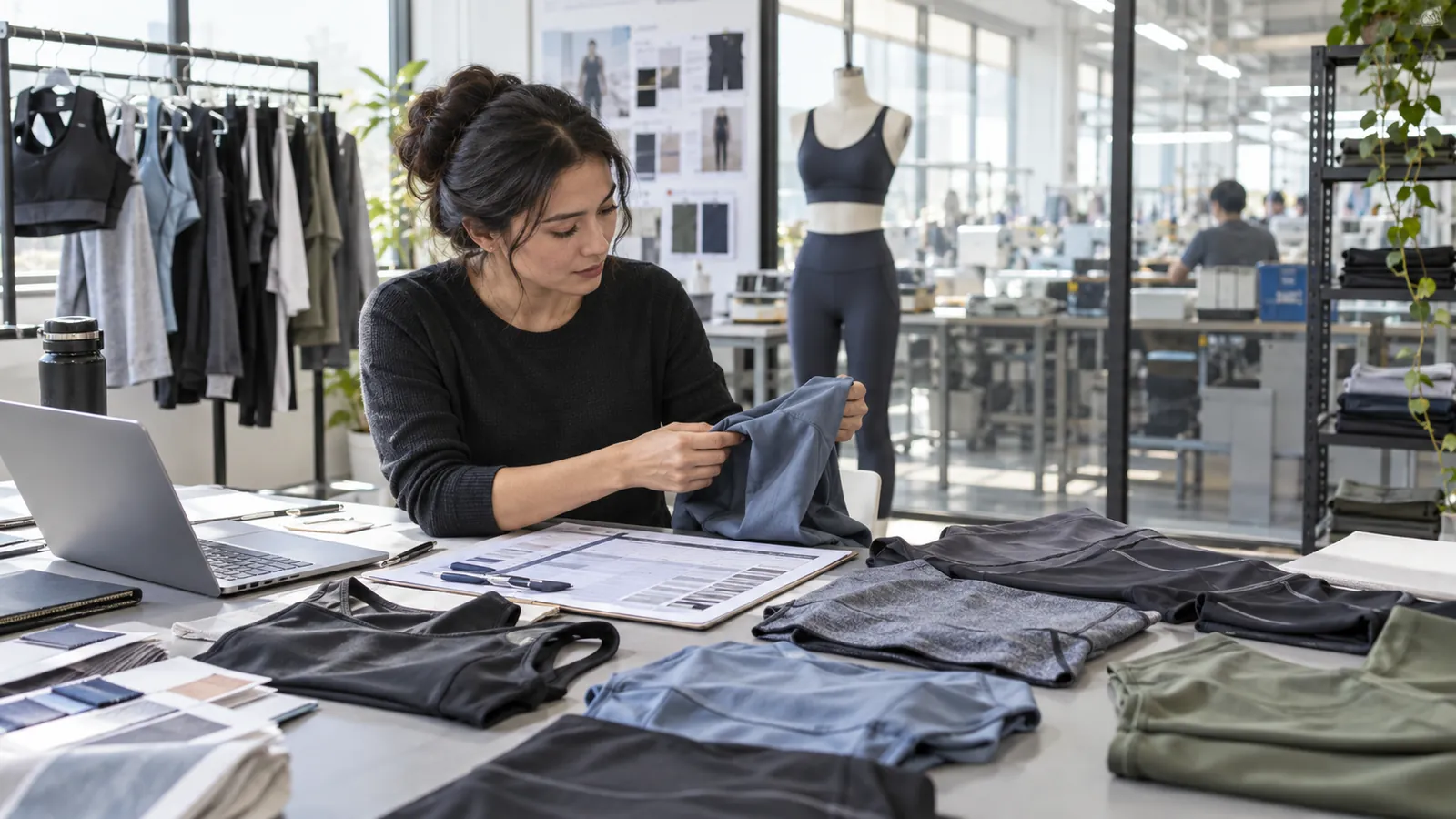 Athletic apparel collection showing leggings, tops, shorts, and jackets for OEM sourcing