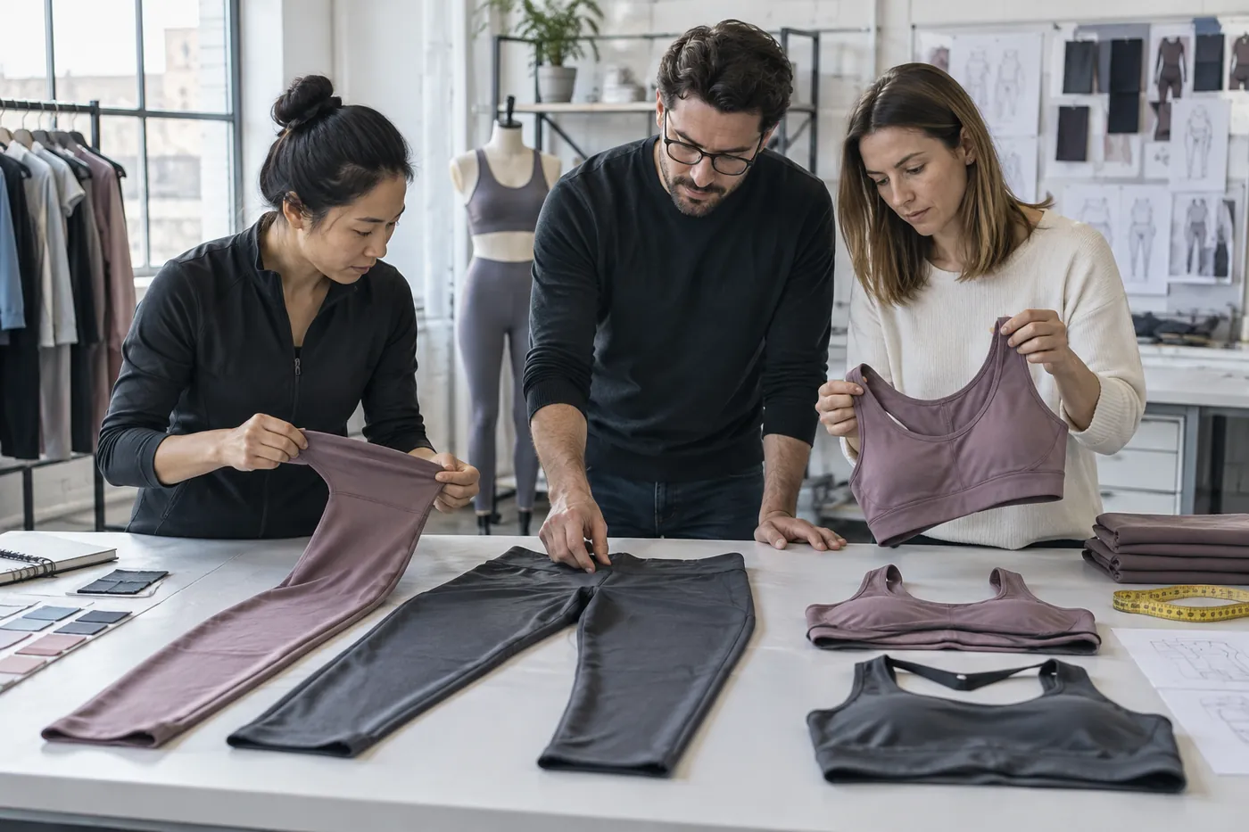 Athletic apparel factory quality team inspecting bulk garments