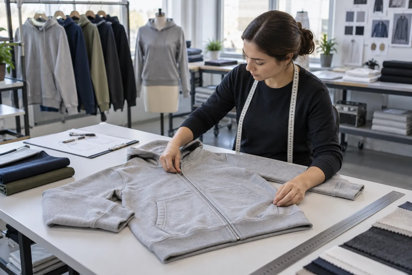 Sweatshirt sample measurements and washed appearance being checked