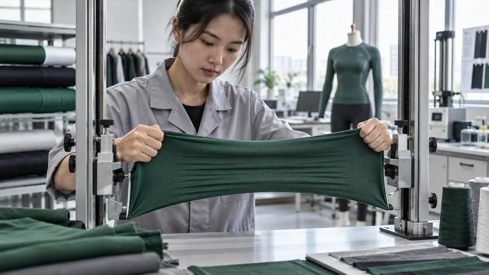 Technician testing the stretch recovery of spandex fabric for sportswear
