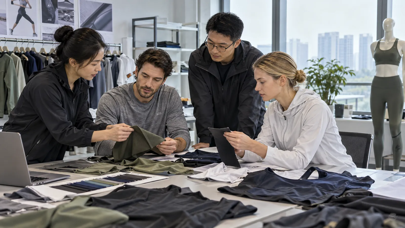 China sportswear factory team reviewing private-label activewear samples