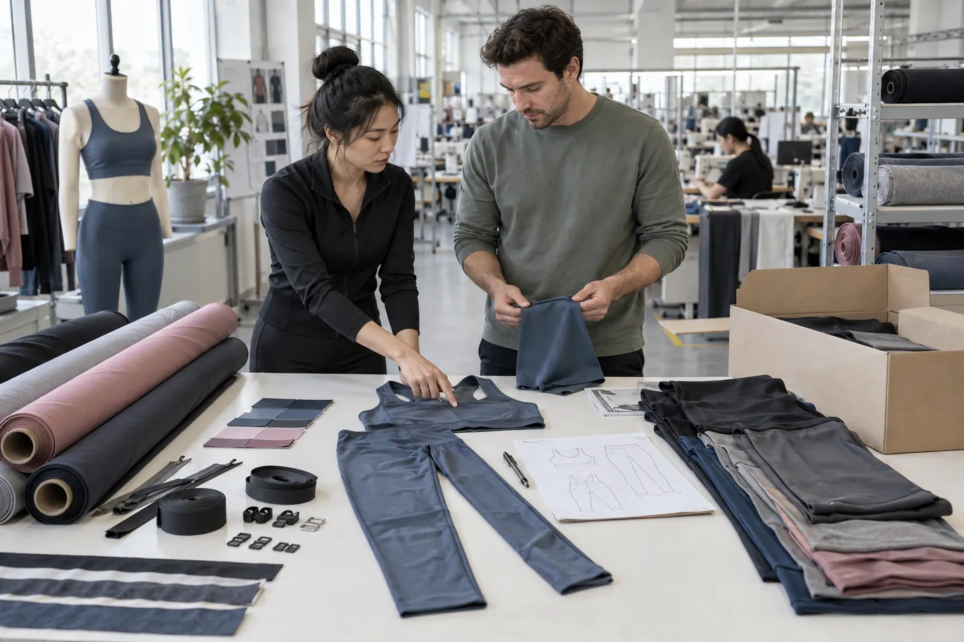 Sportswear fabric and construction options compared at a China factory