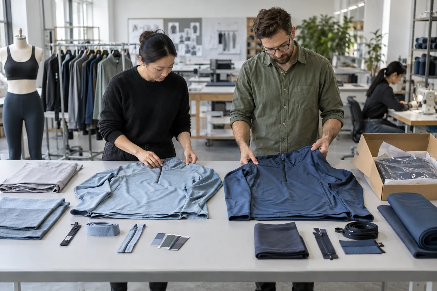 Activewear samples reviewed with fabric and construction notes