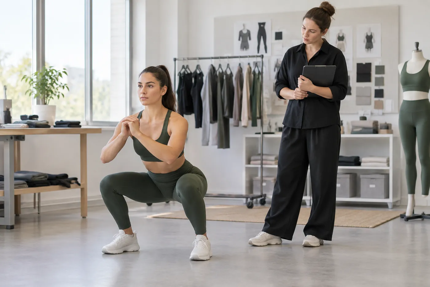 Yoga leggings sample checked for waistband stability, seams, and movement